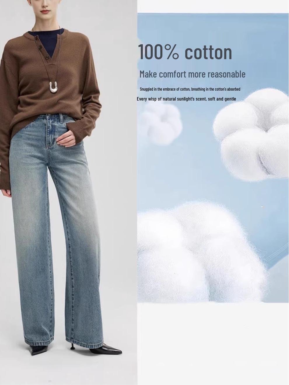 Women s Retro Blue High-Waisted Wide-Leg Jeans - Spring 2026 Casual Distressed Washed Long Pants 27