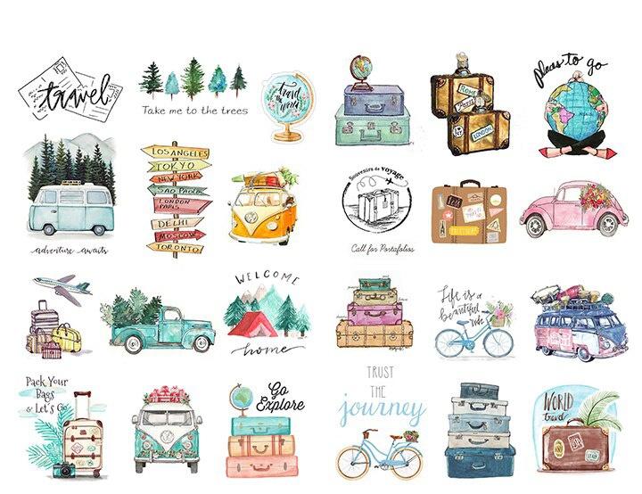 24Pc Tree Bus Plants Travel Stickers Journal Diary Planner Stickers Scrapbooking Decorative Vintage Sticker DIY Craft Photo