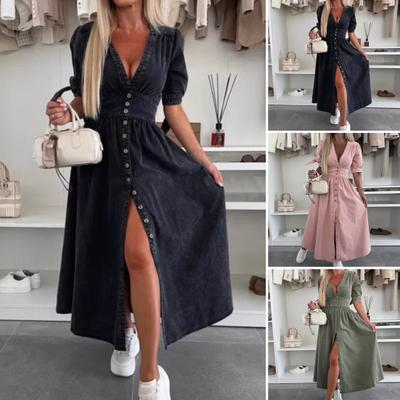 Vestido longo jeans feminino, decote em V, manga curta, botão, maxi vestido casual jeans para primavera-verão
