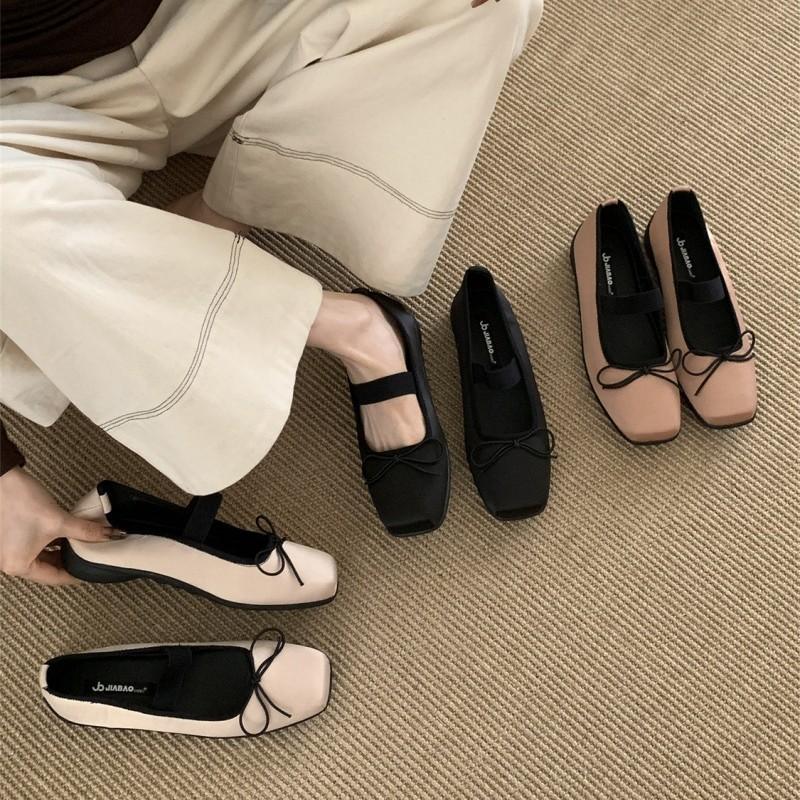 French bow light mouth flat heel single shoes women's shoes 2025 spring and autumn square head retro soft sole Doudou grandma ladyshoes