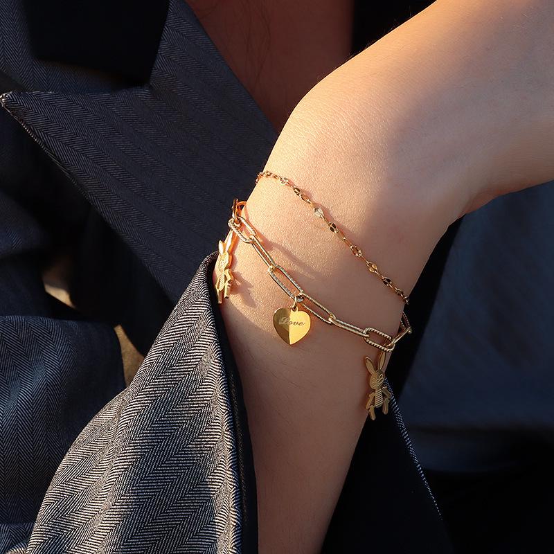 European-American Double Layer Heart & Rabbit Pendant Bracelet, Women s 18K Gold-Plated Titanium Steel Jewelry.