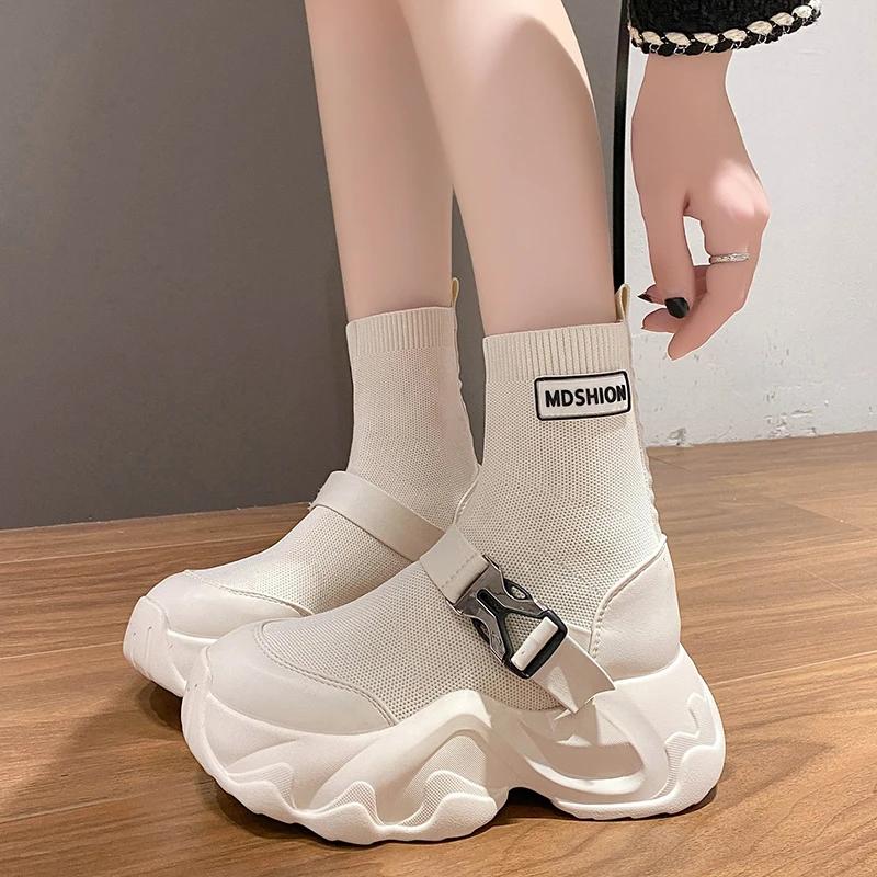 fashion Thick-soled Heightening Marton Boots for Women 2024 Autumn New Platform Casual Elastic Socks High-heeled Mid-calf Short Boots