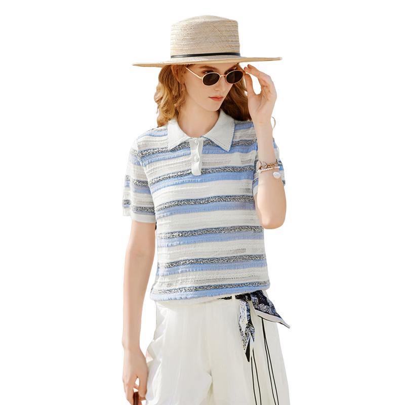 Women's Striped Polo Knit Short-Sleeve Top