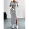 Fall Winter Women's Long Sleeve Crew Neck Slit Maxi Knit Dress, In Stock For Crossborder European American Size, Casual Long Dress For Women