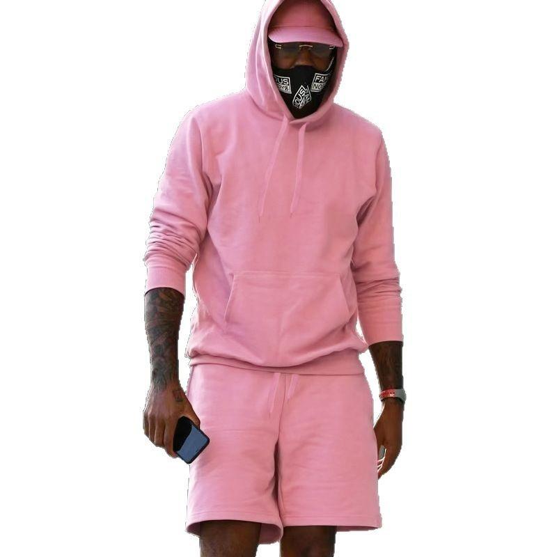Men's Fleece Hoodie Shorts Two-piece Loose Solid Color Casual Sports Men's Suit