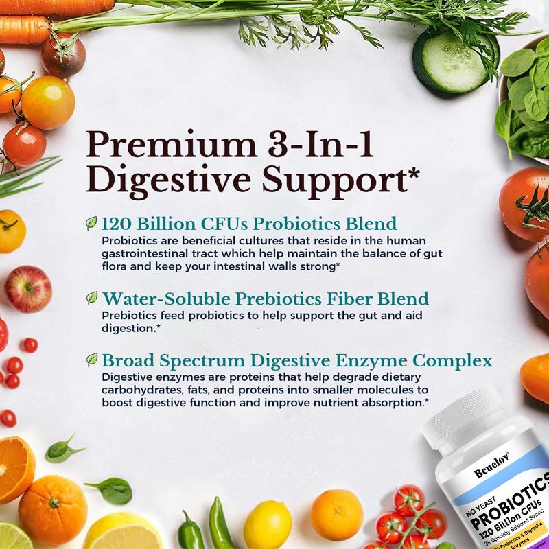 Bcuelov 120 billion probiotic composite capsules contain 36 strains of bacteria and digestive enzymes helping with intestinal digestion and absorption