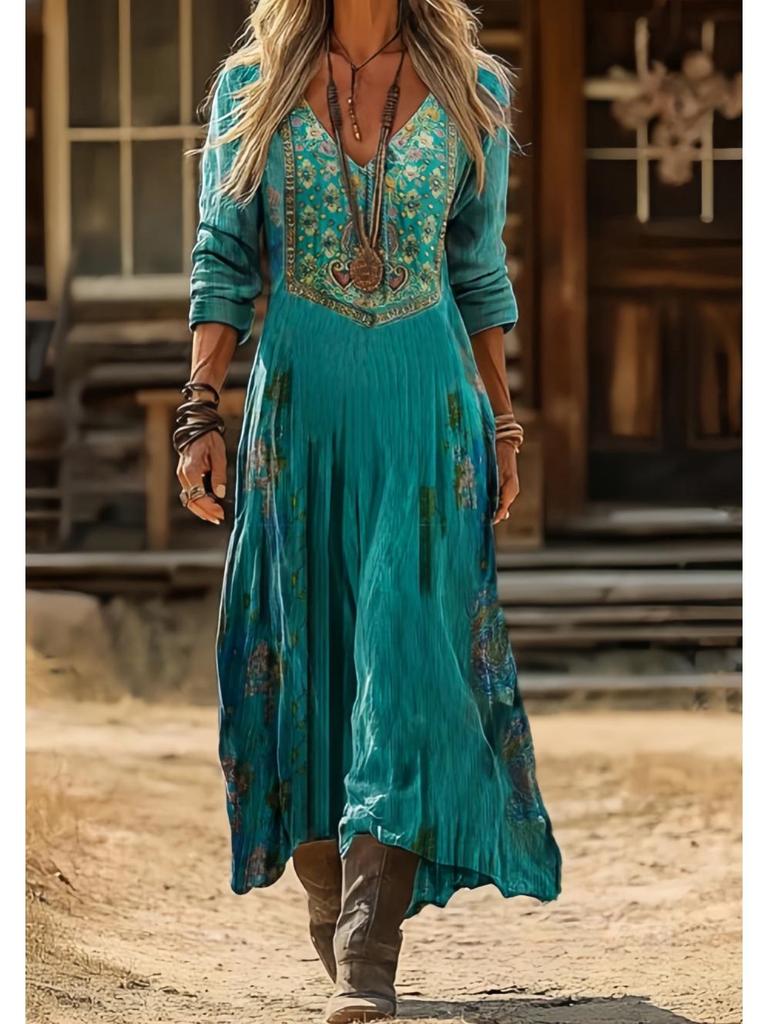 Damen Retro Blumenmuster Langarmkleid - Europäischer & Amerikanischer Stil