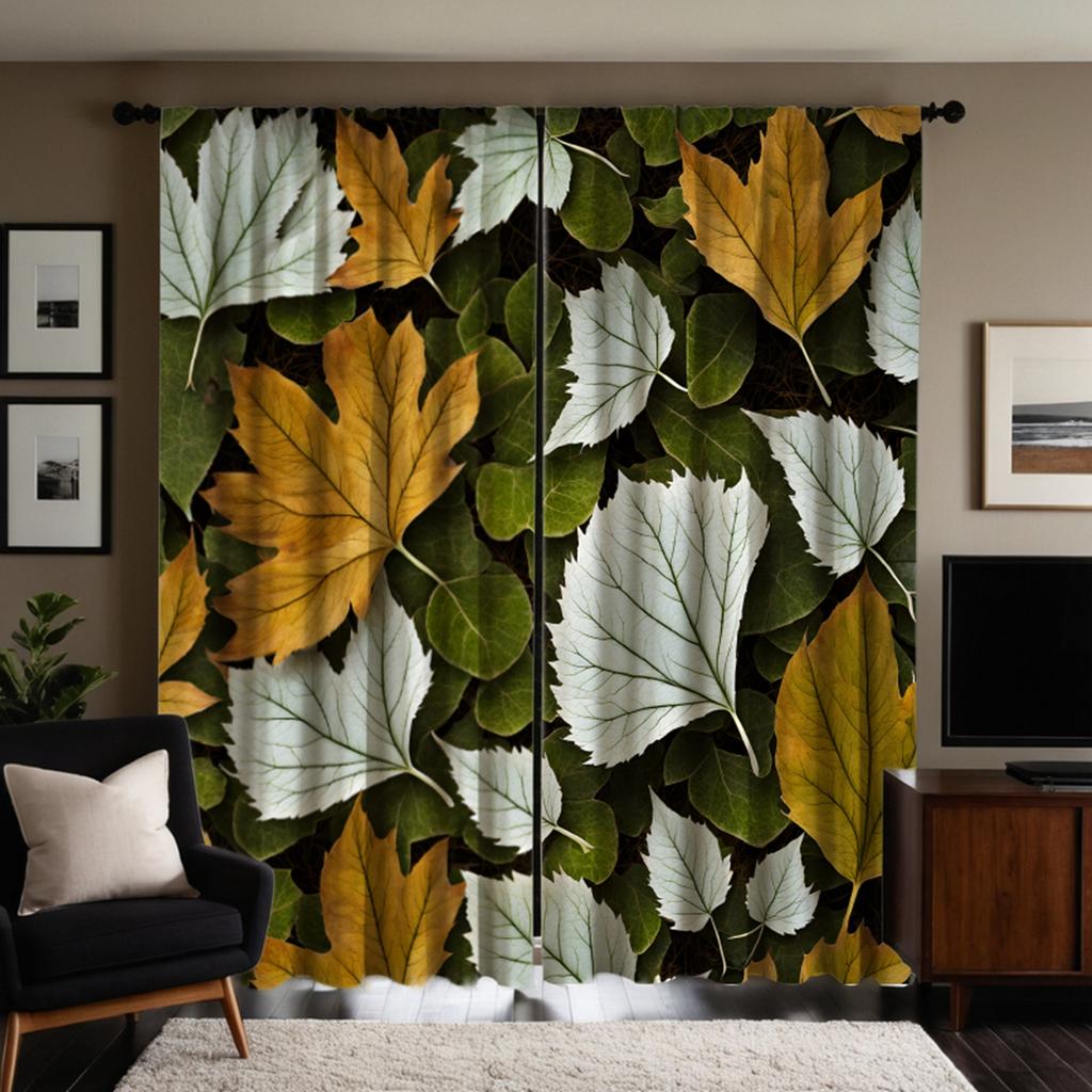 2pcs HD yellow-green maple leaf curtains everywhere Green tie digital printed curtains Home decoration style Decorate living