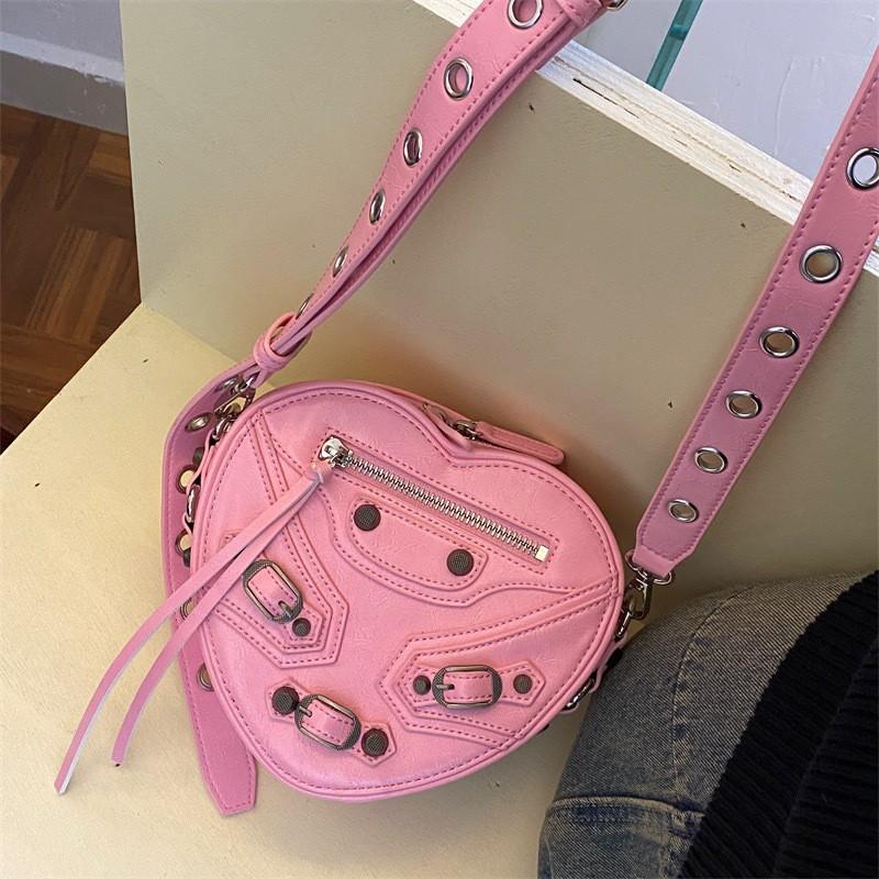Mini Heart-Shaped Crossbody Bag Women Soft PU Shell With Rivets Casual Travel Shoulder