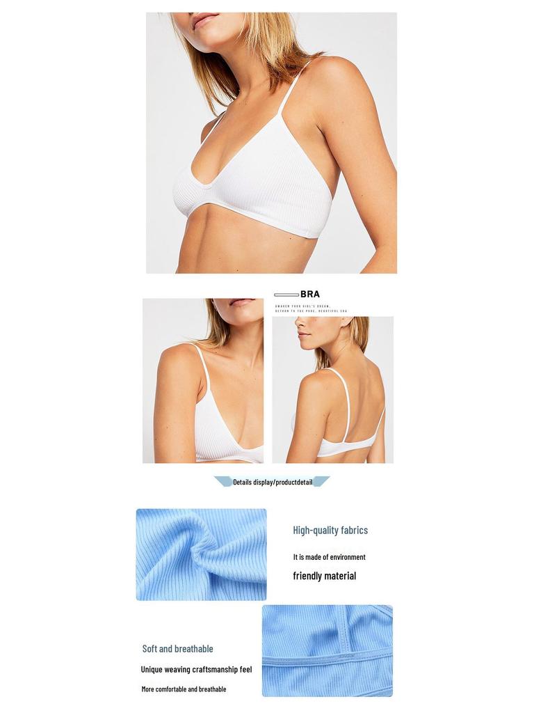 French Cotton V-Neck Women's Wire-Free Soft Elastic Ribbed Bra