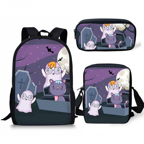 Gatto Fantasma Strano Novità Classica Stampa 3D Set 3pz Borse Scolastiche Zaino per Laptop Zaino a Spalla Inclinata Astuccio