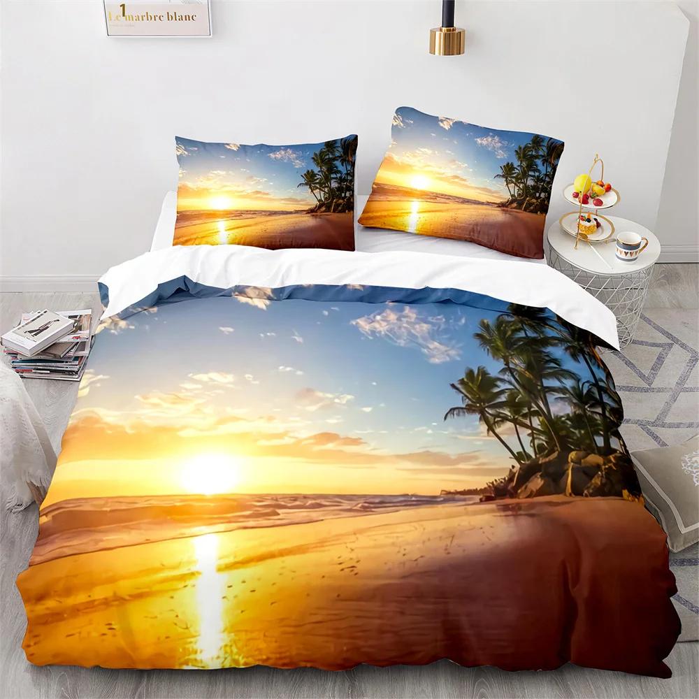 Täcke Strand Havssolnedgång Hawaiianska Vågor Täcke Tropisk Ö och Hav Strand Natur Polyester Sängkläder Set