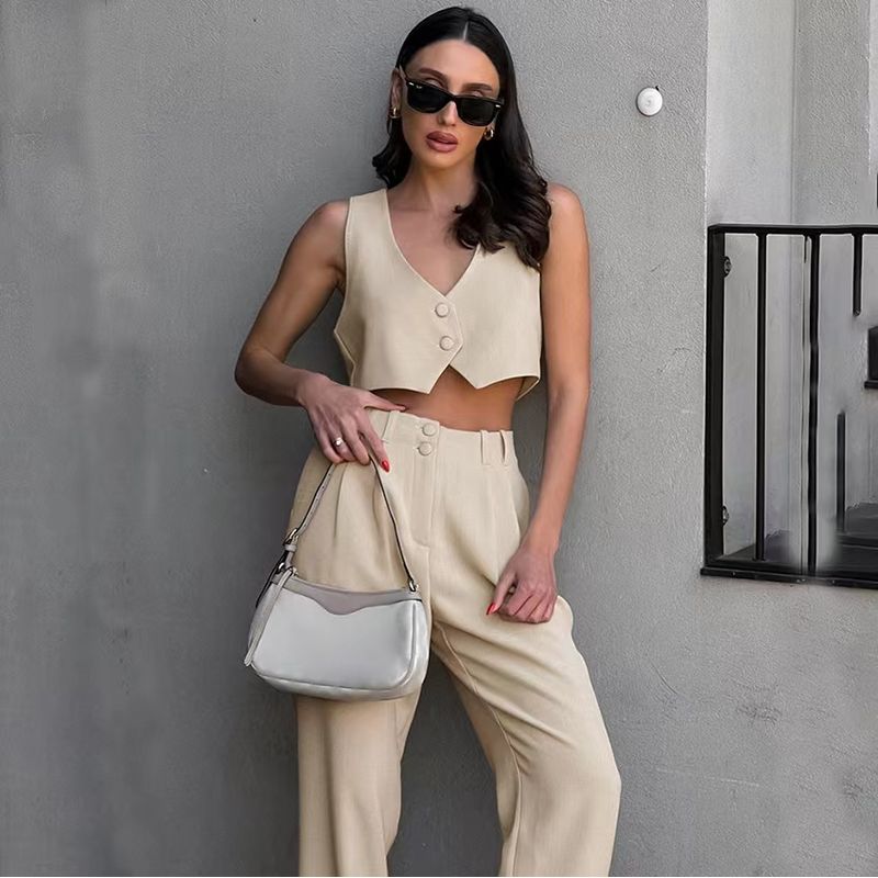 Fashion Summer Pure Color V-neck Midriff-Baring Vest Pants Suit Short Tank Top and Pants Set