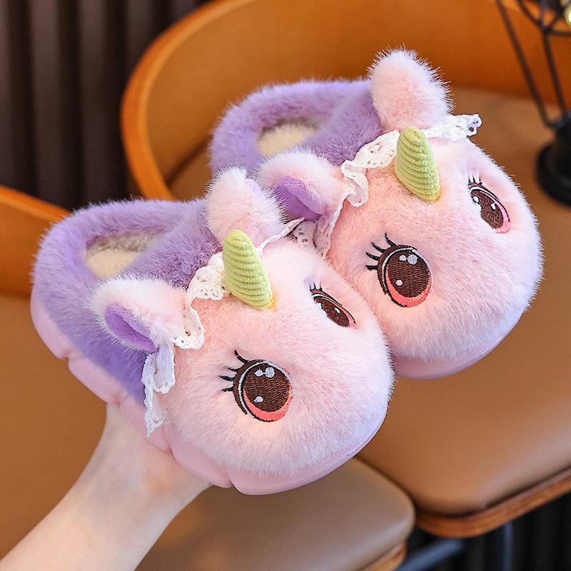 

Unicorn children s cotton slippers for winter, girls plush warm furry home slippers for toddlers and babies 24-25 розовый