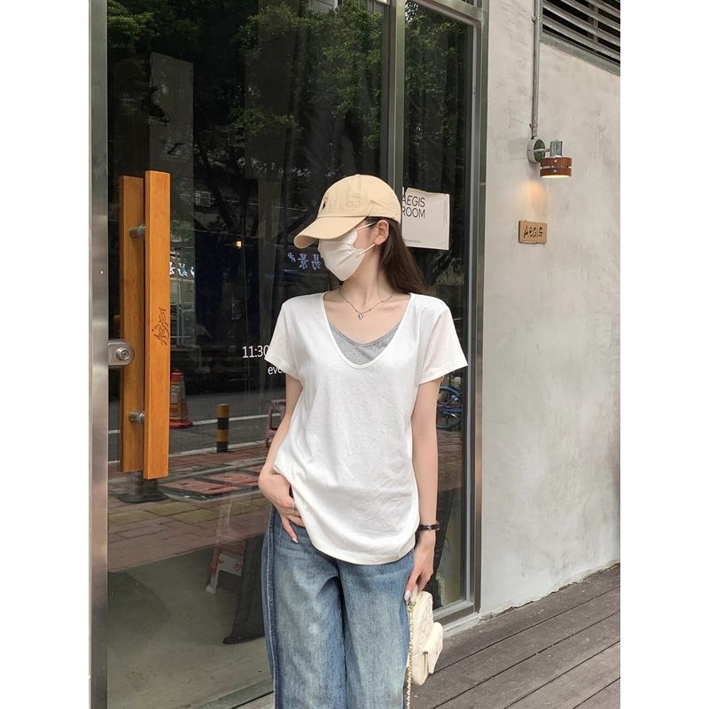 Kumikumi Design Sense Fake Two Pieces V-neck Short sleeve T-shirt Women Summer Niche All-Match Loose Slimming Casual Top