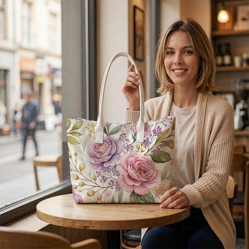 Elegant Floral Print Casual Tote Bag Lightweight Portable Daily Handbag for Outdoor Shopping Commute