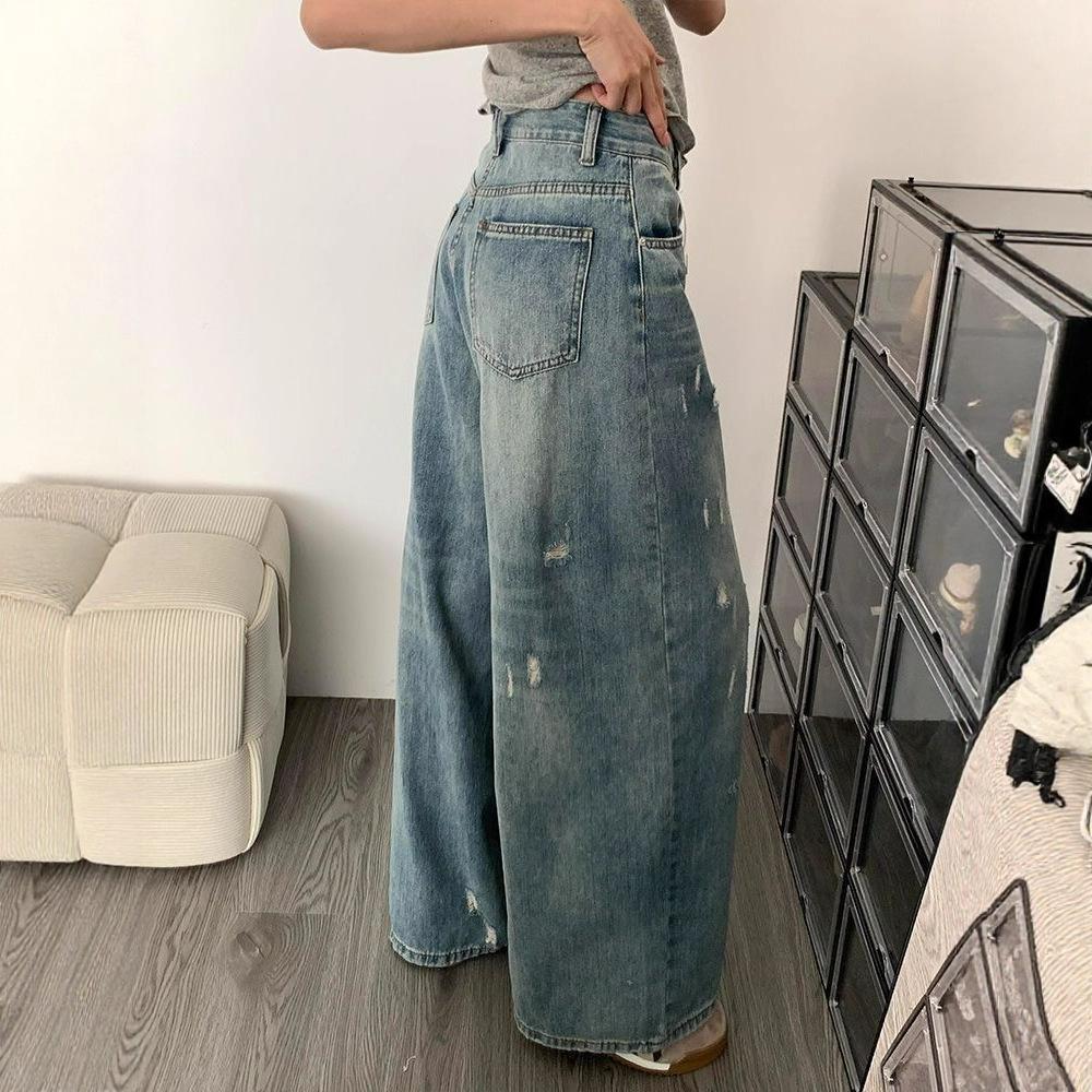 Big Yards Broken Holes High Street Wide Leg Denim Trousers Women High Waist Drape Skinny Dragging Trousers Jeans for Women Long Denim Pants