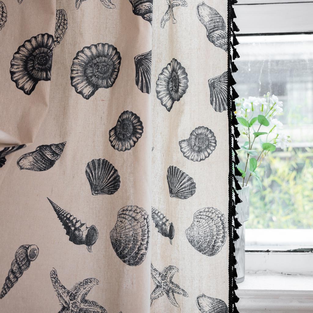 Curtain Finished American Printed Conch Semi-Blackout Kitchen Small Window Short Curtain Black Fringed Small Curtain