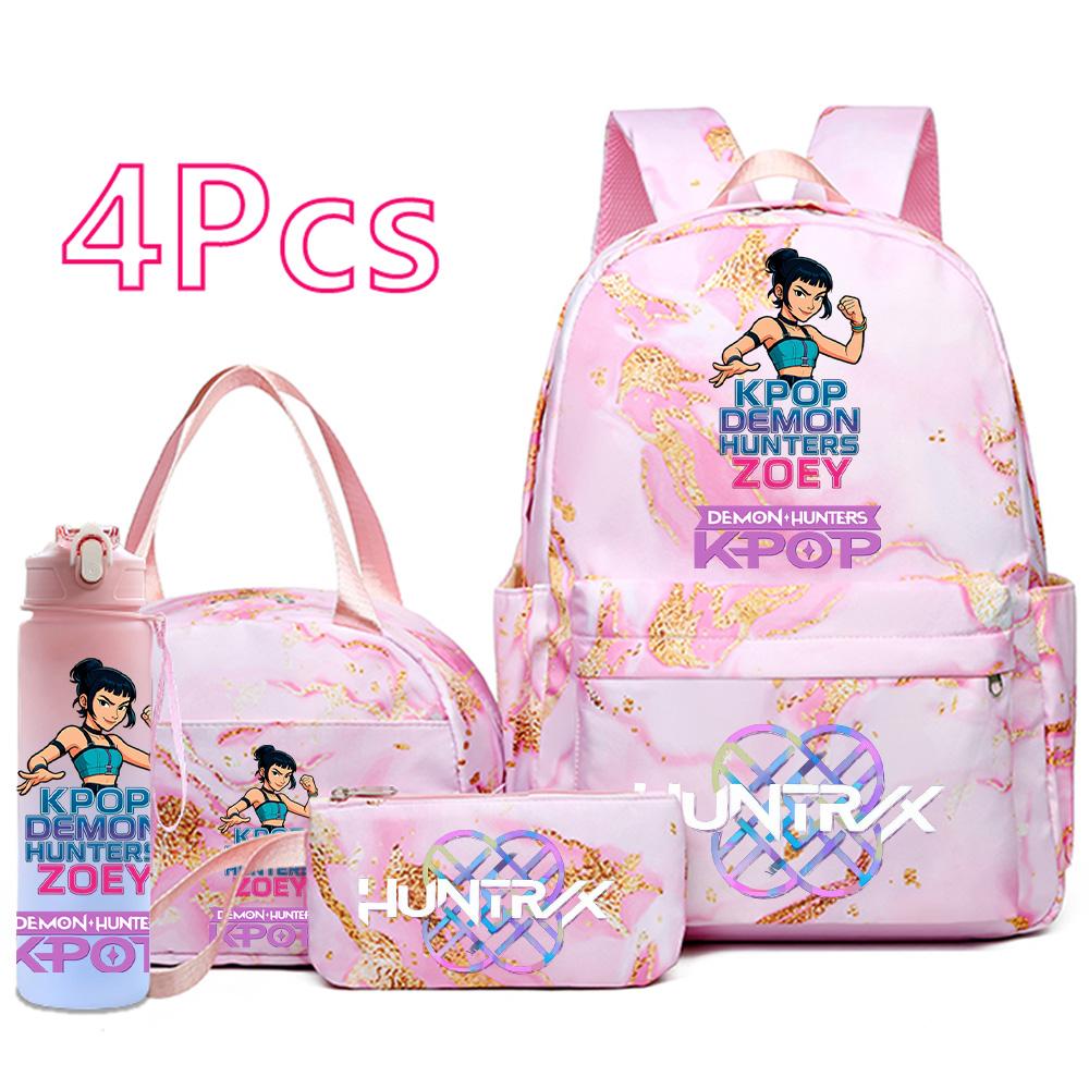 Set 4 buc/set Rucsac cu Imprimeu Vânătorii de Demoni, Geantă de Mână, Toc de Creioane, Sticlă de Apă 750ml pentru Adolescent Băiat Fată Rucsac Școlar Impermeabil cu Capacitate Mare