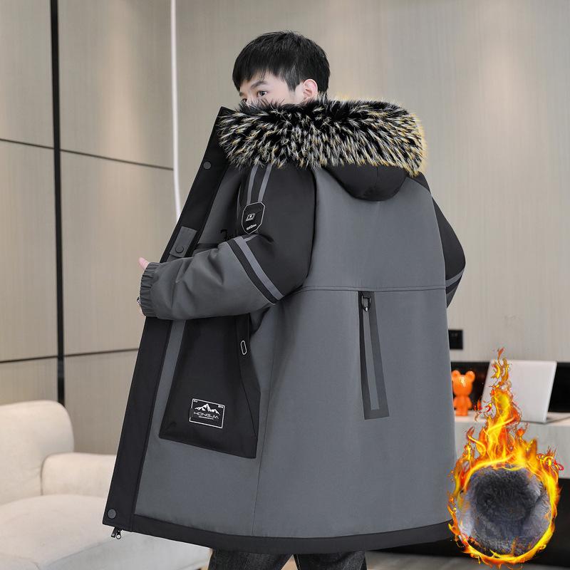 

Мужская зимняя куртка с капюшоном, цветные блоки, утепленная, пальто, повседневная, длинная, с карманами и застежкой-молнией, стандартный рукав, теплая верхняя одежда, плотная XXL серый