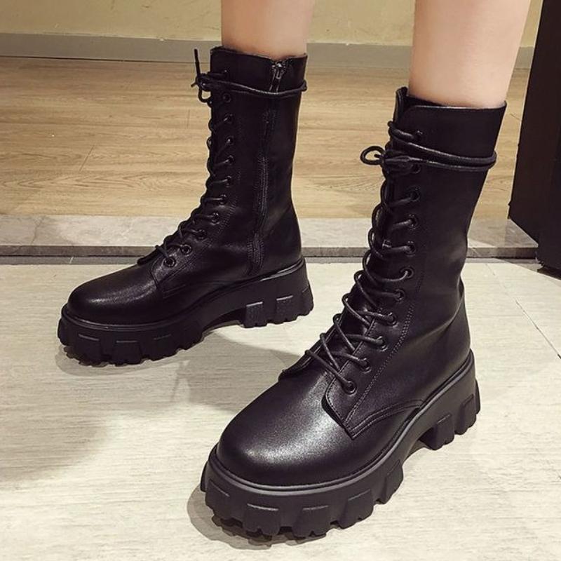 Spring Autumn Black Round Toe Platform Women's Half High Boots Trend  Demi-season New Rock Lace-up Ladies Mid Calf Shoes