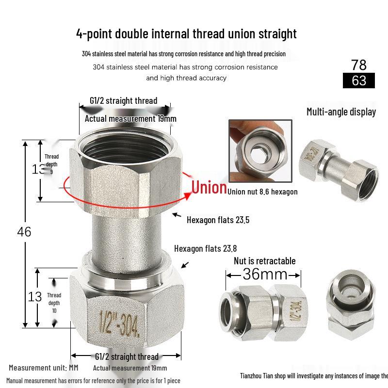 304 Stainless Steel Swivel Union Female Thread Pipe Fitting, Double Female Thread, 6 Points, 4 Points, 1 Inch, for Water Meter/Pump