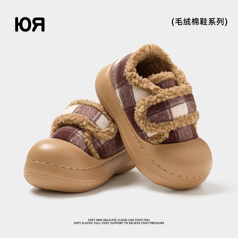 Ретро мода клетчатые хлопковые туфли женские зимние новые на толстой подошве нескользящие бархатные на липучке хлопковые туфли женские для улицы 40