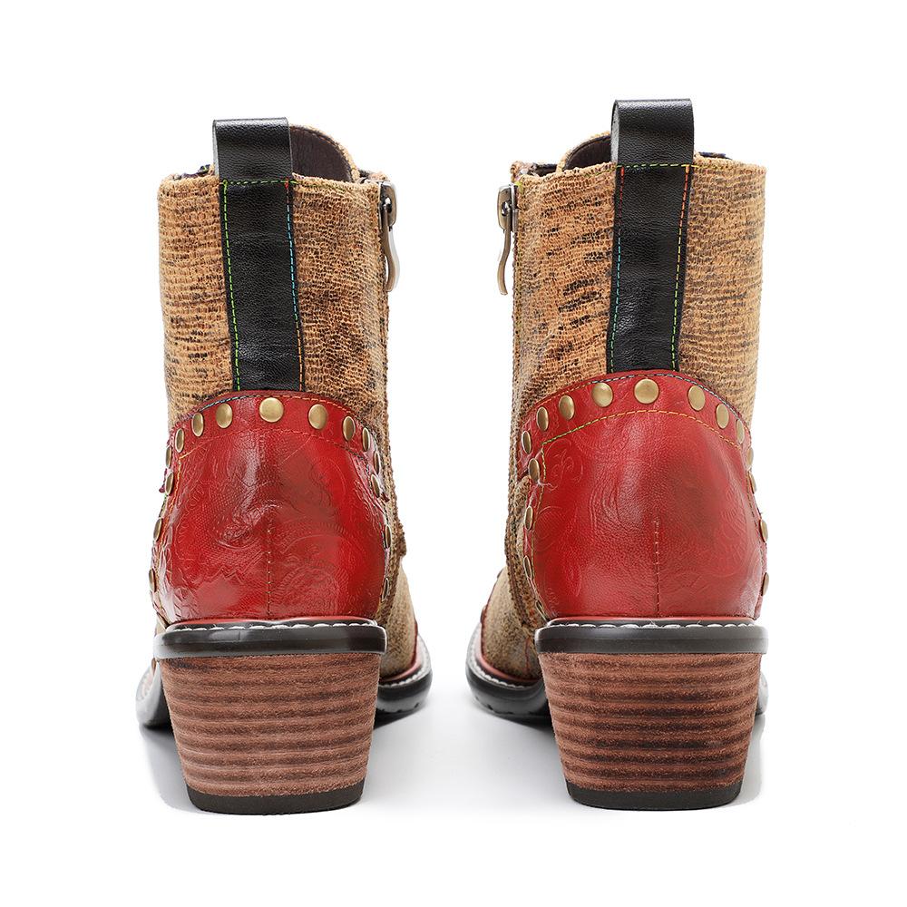 Johnature Echtes Leder Schuhe Damen Stiefel Runde Zehen Retro Handgemacht Reißverschluss Freizeit Nähen Prägnante Knöchel Plateaustiefel