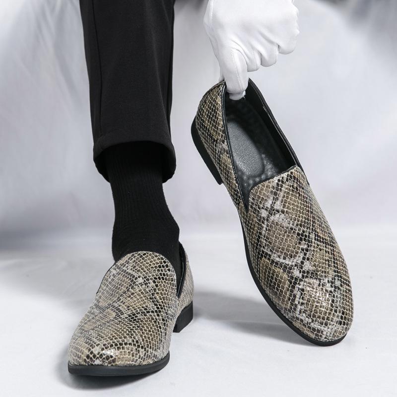 Men's Plus Size Python Pattern Slip-on Leather Loafers - Korean Style Business Casual Shoes