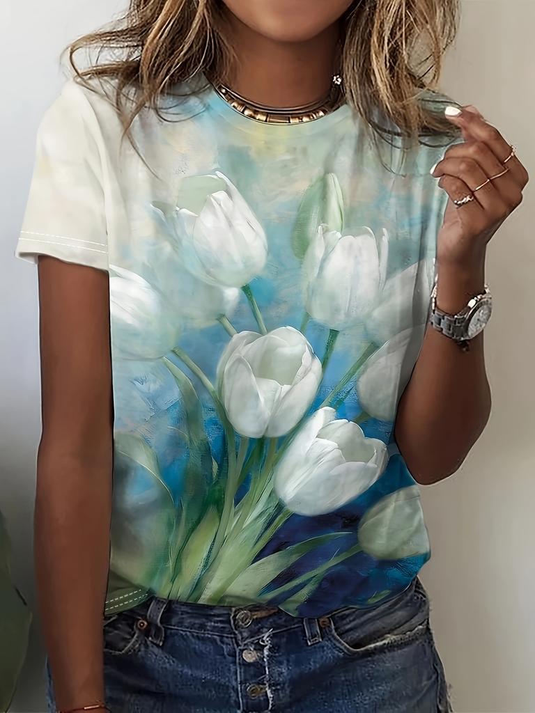 Women's round neck short sleeved T-shirt, women's summer small animal print, 3D digital print, popular print summer top 2880 EMA
