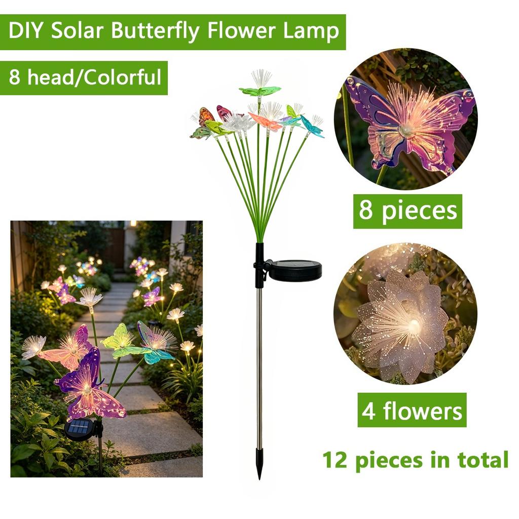 2Pack Colorful Iridescent Solar Butterfly & Flower Stake Lights Fiber Optic LED Garden Lights Waterproof Outdoor Decor for Lawn Patio Night Ambiance