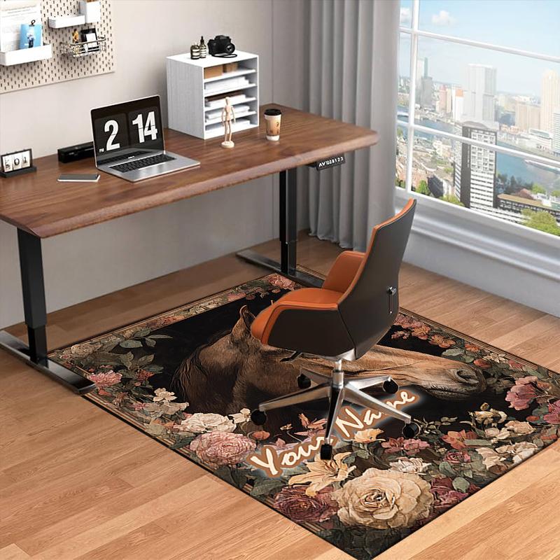 1PC Custom Name Horse Portrait Flowers Theme Floor Mat Ideal for Living Room, Game Rooms, Office, Bedroom Floor Mat Playful Design