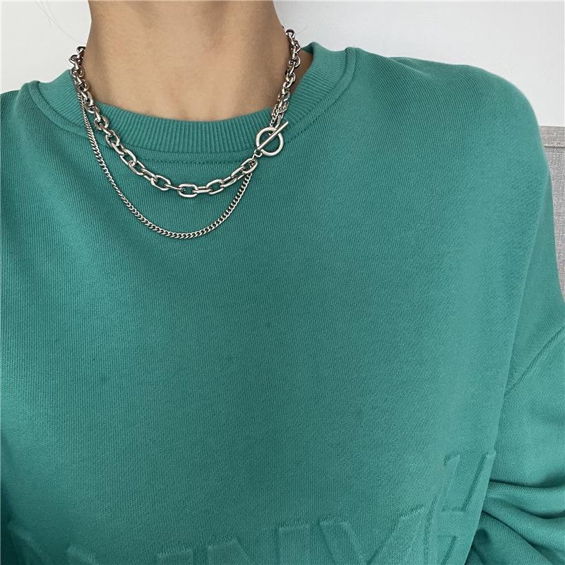 European and American personalized double-layer OT buckle necklace for men and women, simple hip-hop punk thick and thin chain,
