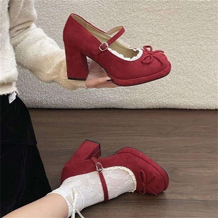 French temperament elegant retro Mary Jane shoes spring high heels bow word single shoes lace