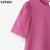 VONDA Summer Elegant Women Short Sleeve Lace Hem Texture Casual Short T-shirts