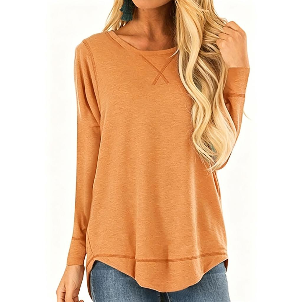 Women's Casual Long Sleeve T Shirt Loose Fit Crew Neck Irregular Hem Front Short Back Long Lightweight Pullover Top
