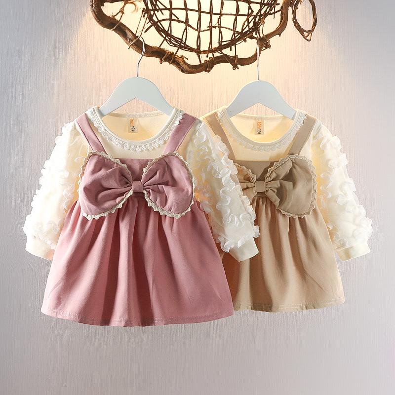 Baby Girl Autumn Faux Two Piece Long Sleeve Dress Infant First Birthday Party Princess Gown Formal Outfit