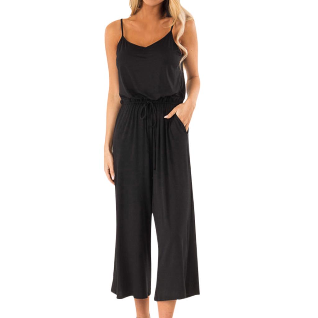 Women Casual Sleeveless V Neck High Waisted Wide Playsuits Beach Jumpsuit