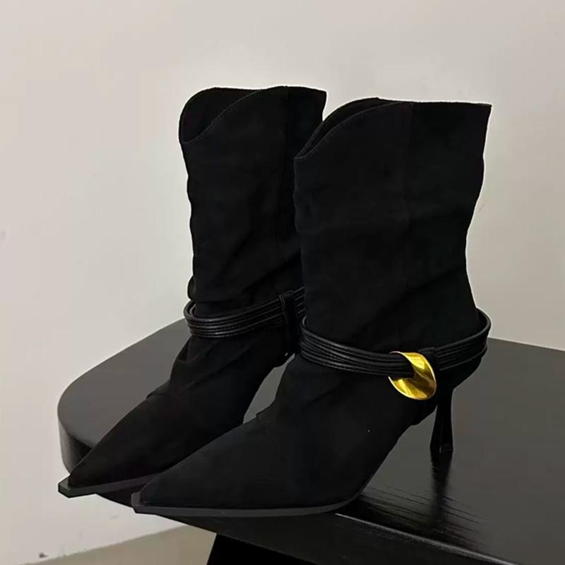 

Hot Selling 2025 New Elegant Women Ankle Boots Pointed Toe High Heels Shoes Winter Designer Dress Short Boots Pumps Mujer Botas 35 чёрный