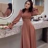 GMXIA Spring Autumn Fall Satin Long Sleeve Half Turtleneck Elegant Women's Waist Dress