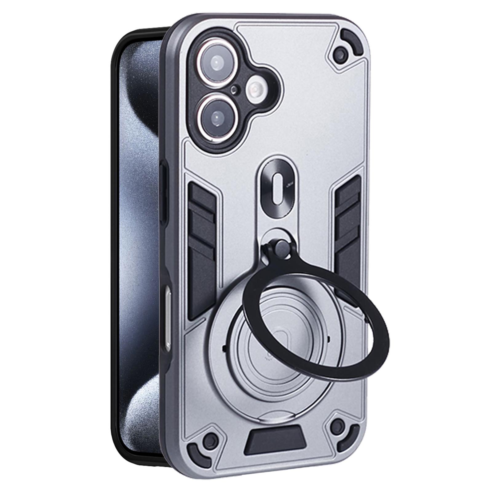 

Чехол для iPhone 16 с вращающейся подставкой, защита от падений, чехол для телефона из ПК+ТПУ Silver