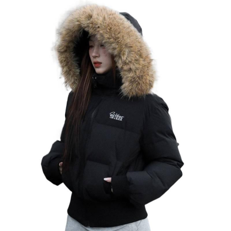 Winter kurze Pelzkragen Kapuzen Daunen Baumwolljacke mit Taille und dünner, hochwertiger großer Pelzkragen Daunen Baumwolljacke