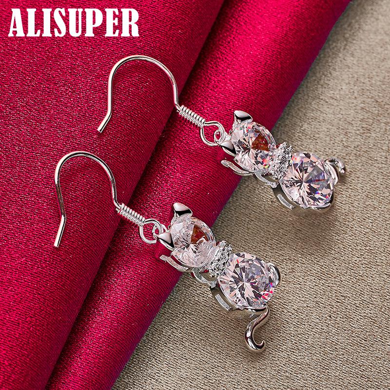 925 Sterling Silver Cat AAA Zircon Drop Earring Jewelry