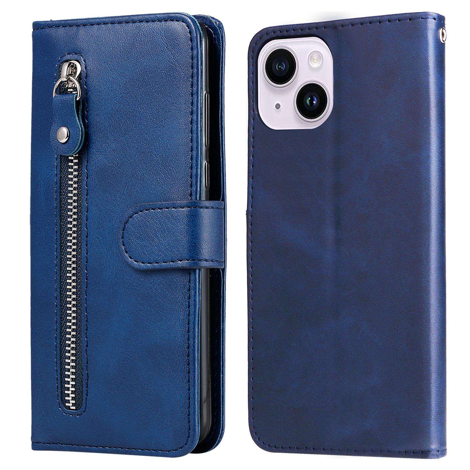 

For iPhone 15 Anti-Scratch Calf Texture Phone Case Wallet Foldable Stand Cover with Zipper Pocket Blue