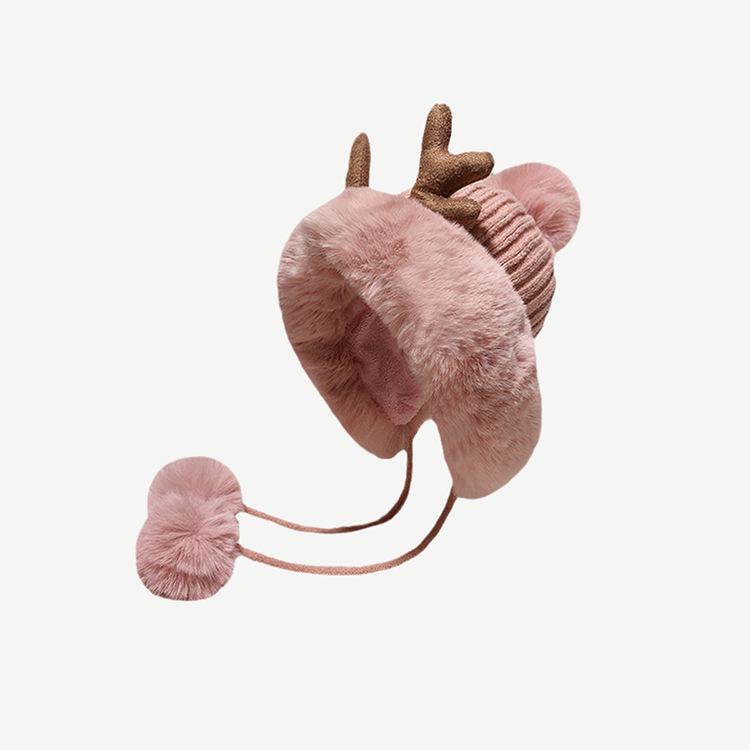 Women's Korean Style Plush Antler Pom-Pom Winter Hat with Ear Protection