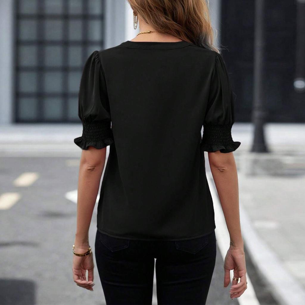 Women's V-Neck Elegant Puff Sleeve Color Shirt Top