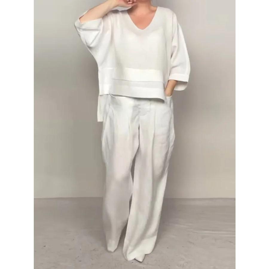 Women's Fashionable Comfortable and Casual Solid-Colour Plus-Size Asymmetrical Cotton-Linen Trouser Set with Three-Quarter Sleeves