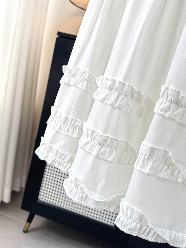 Women's Romantic French Ruffle Hem Layered Midi Skirt - Spring/Summer 2026 Collection, Princess White  