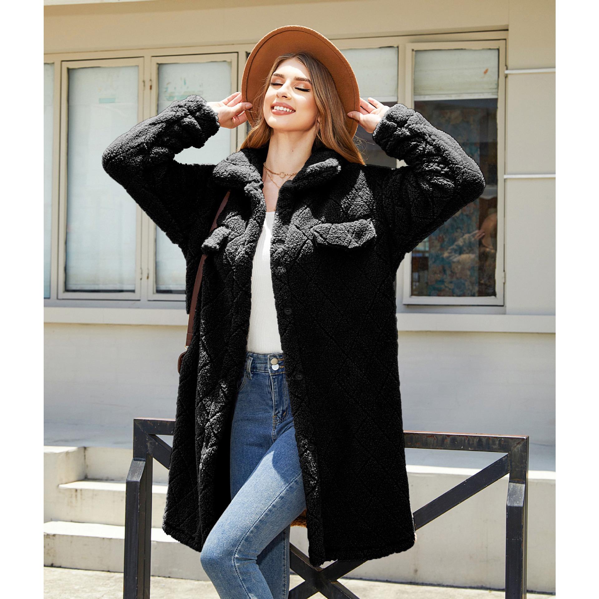 

GMXIA Женское меховое пальто свободного кроя на одну пуговицу с ромбовидным узором для осени и зимы XXL чёрный