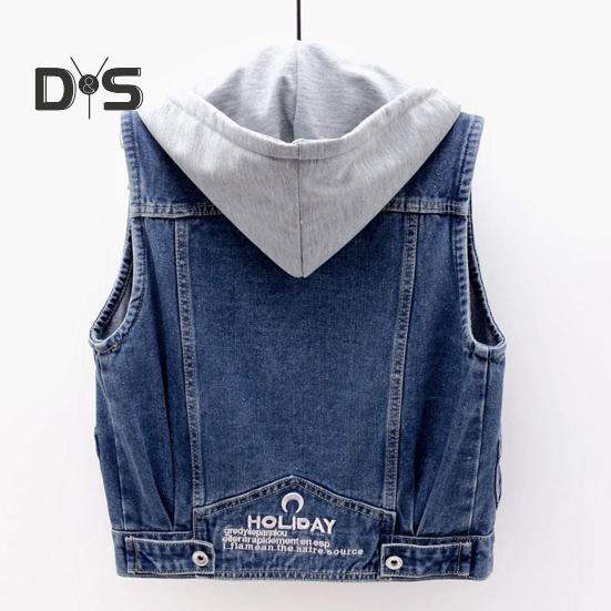 Τζιν παλτό με φερμουάρ, φθινοπωρινή άνοιξη, μονόπετο, αμάνικο, κουκούλα, τσέπες, φαρδύ μπουφάν, κορδόνι, κοντό γιλέκο για καθημερινή χρήση